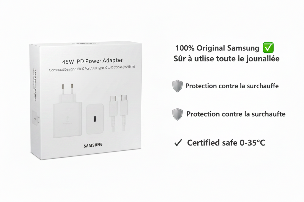 شاحن سامسونج الأصلي 45W PD - شحن فائق السرعة مع كابل USB-C